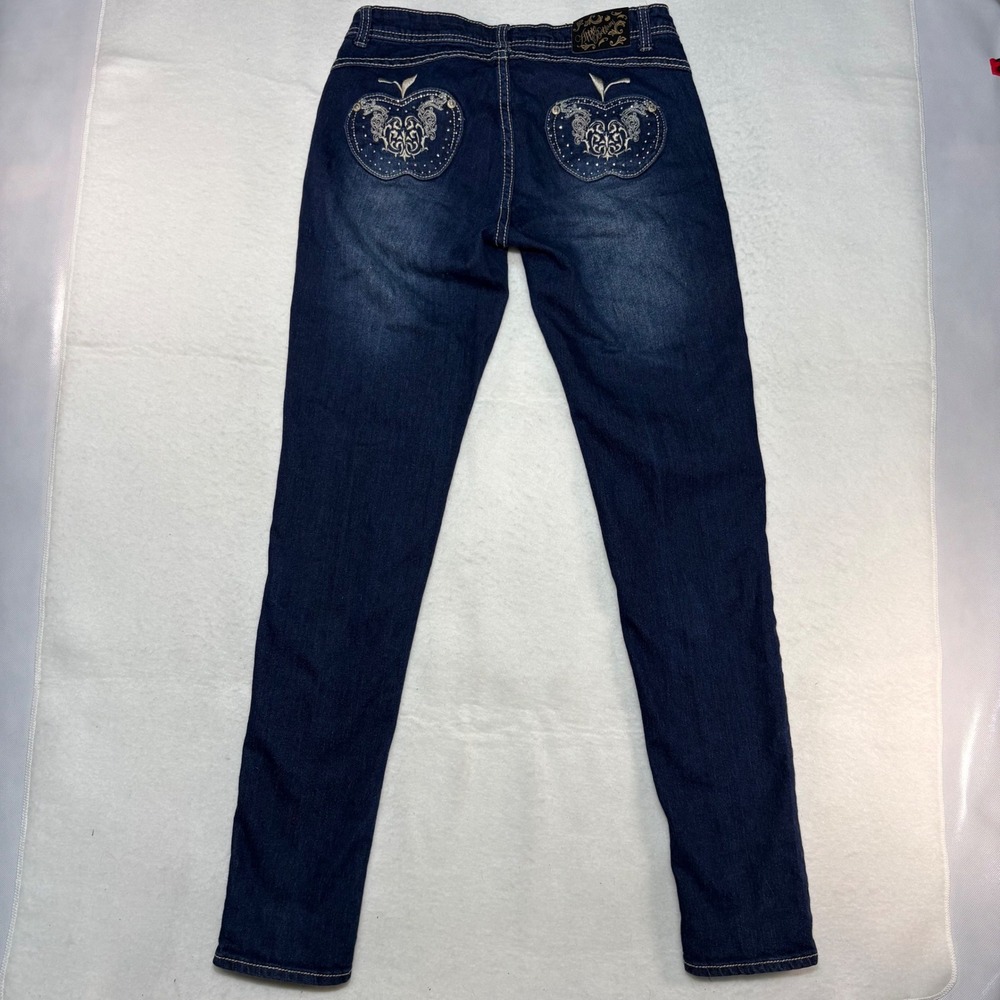 Apple Bottoms Dark Wash Skinny Jeans Embroidered Rhinestone Pockets Size 7/8 Y2K - Picture 5 of 11